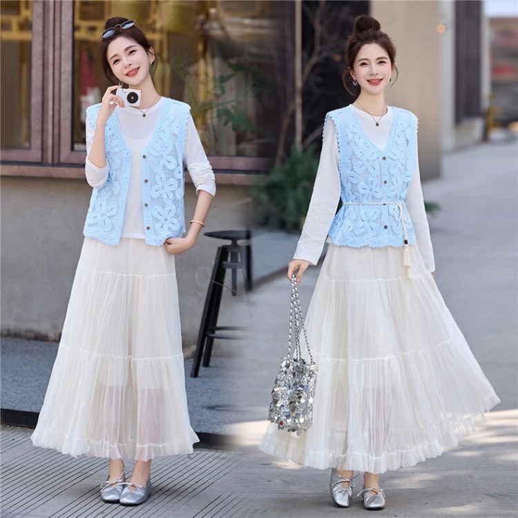 Gauze hollow T-shirt chiffon crochet skirt 3pcs set