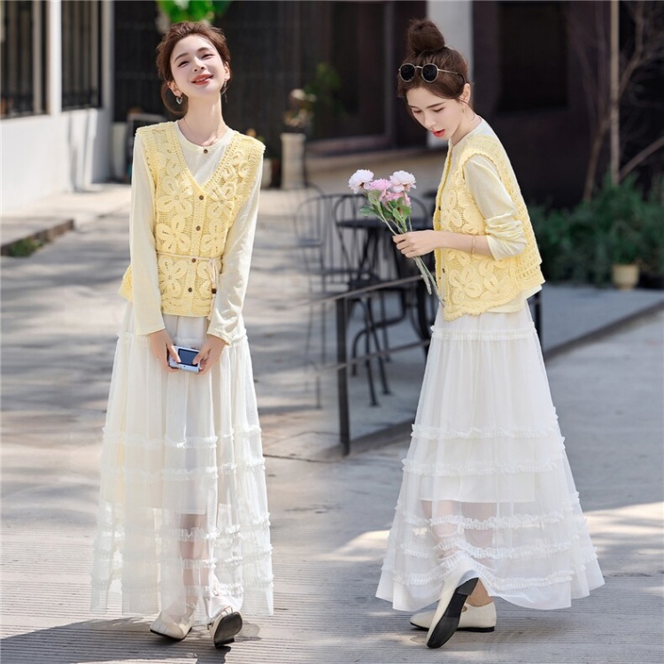 Gauze hollow T-shirt chiffon crochet skirt 3pcs set