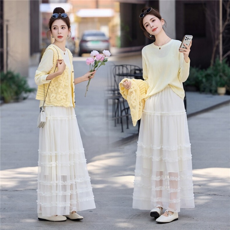 Gauze hollow T-shirt chiffon crochet skirt 3pcs set