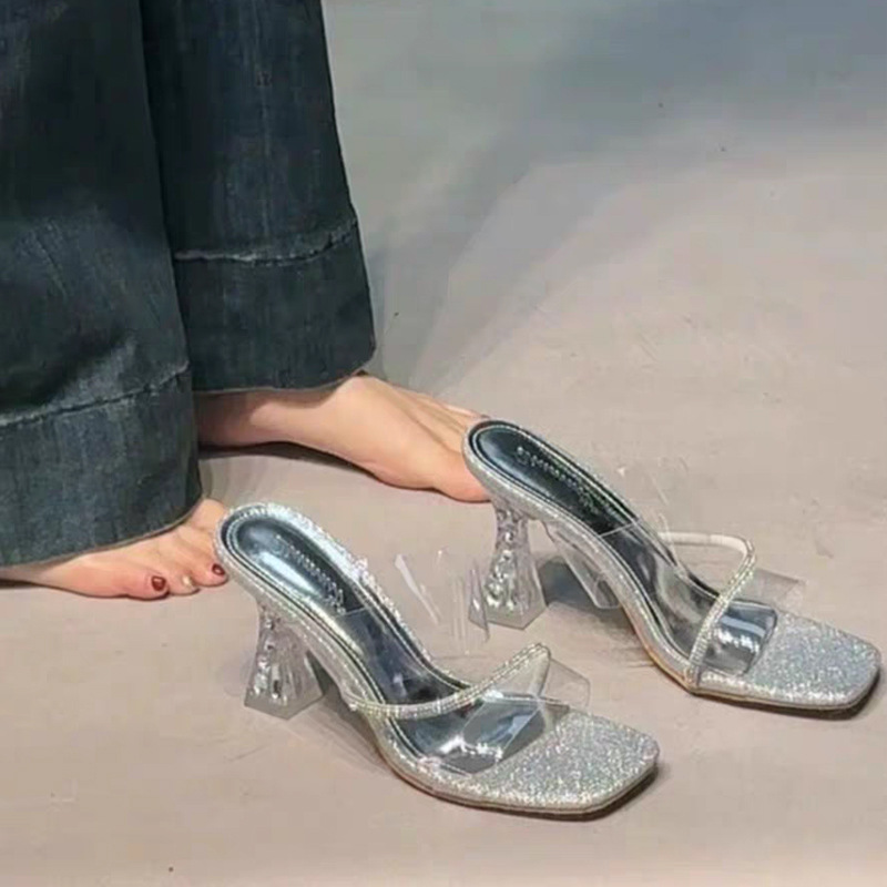 Transparent thick slippers crystal silver sandals for women