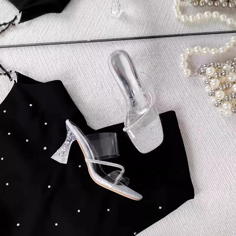Transparent thick slippers crystal silver sandals for women