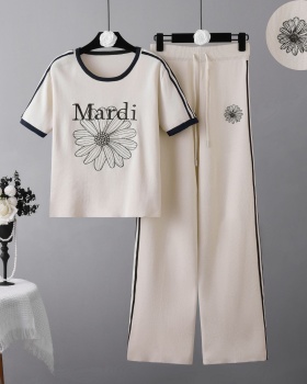 Letters knitted tops thin wide leg pants 2pcs set for women