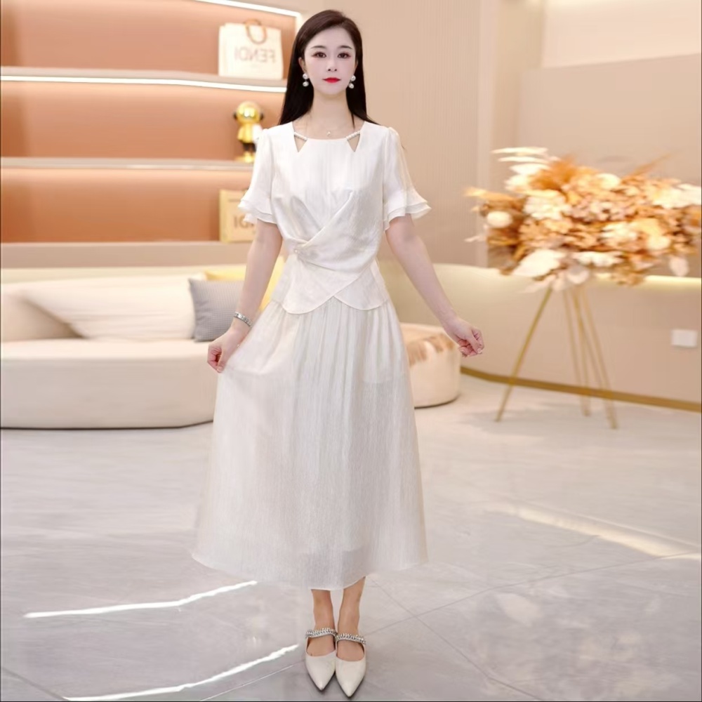 Slim temperament pinched waist pearl long skirt a set