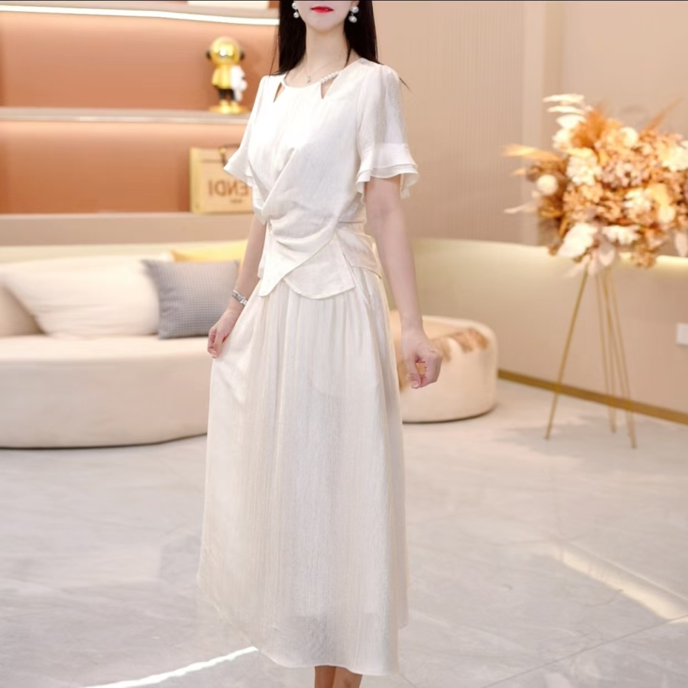 Slim temperament pinched waist pearl long skirt a set