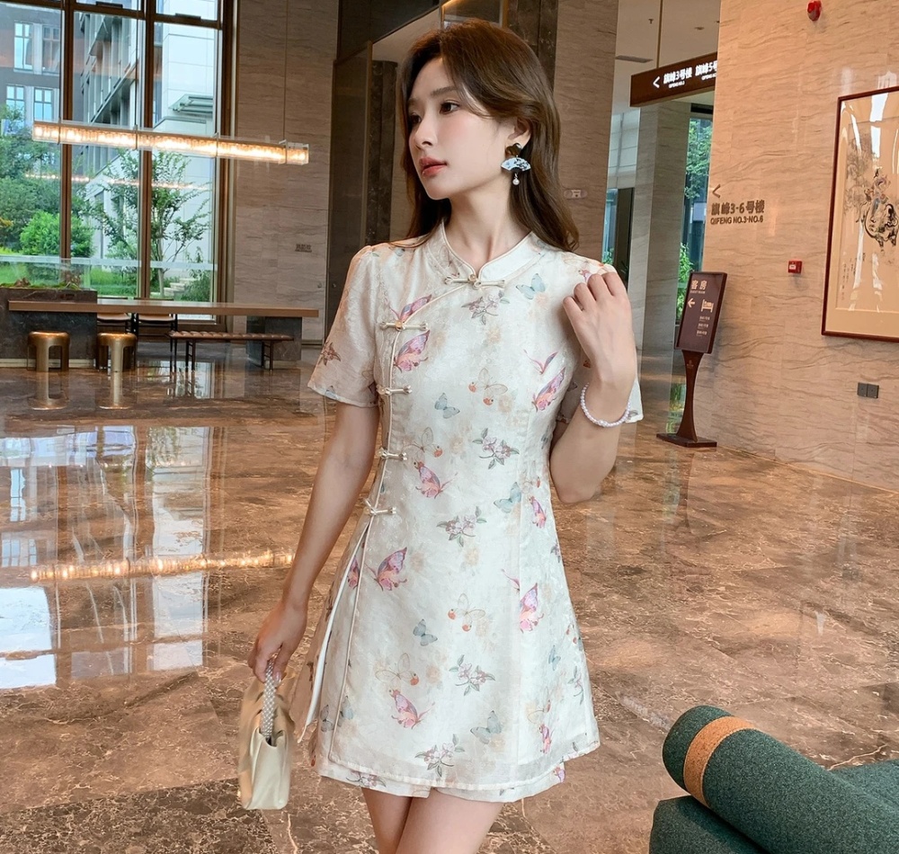 Summer large yard shorts butterfly cheongsam 2pcs set