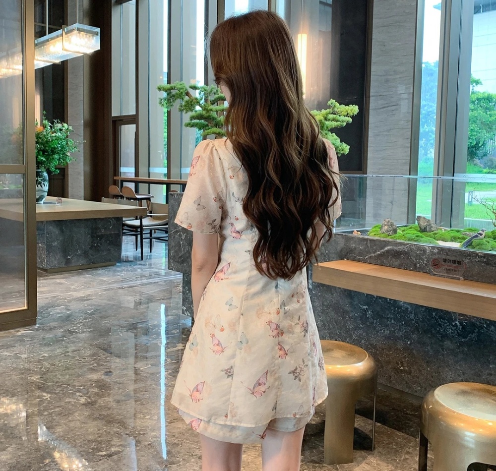 Summer large yard shorts butterfly cheongsam 2pcs set