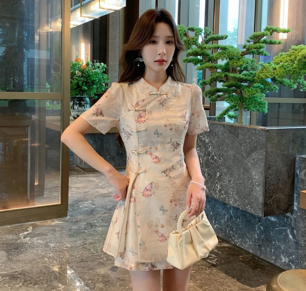Summer large yard shorts butterfly cheongsam 2pcs set