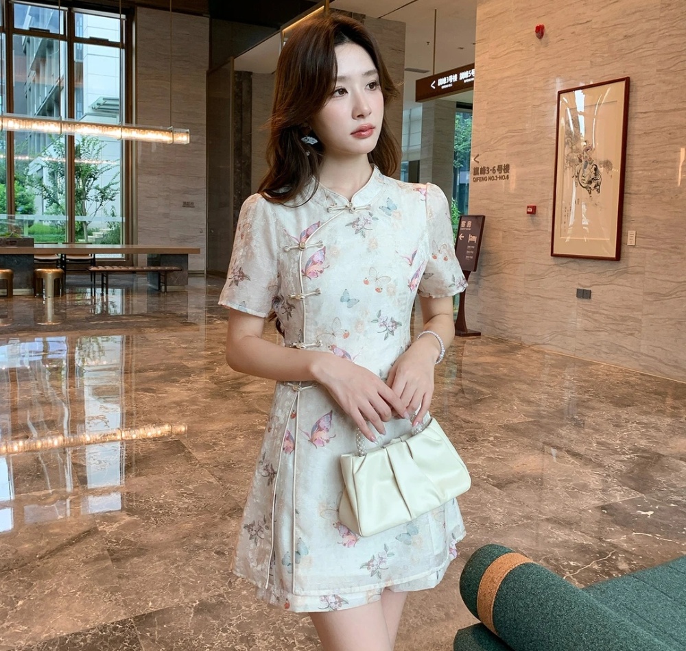 Summer large yard shorts butterfly cheongsam 2pcs set