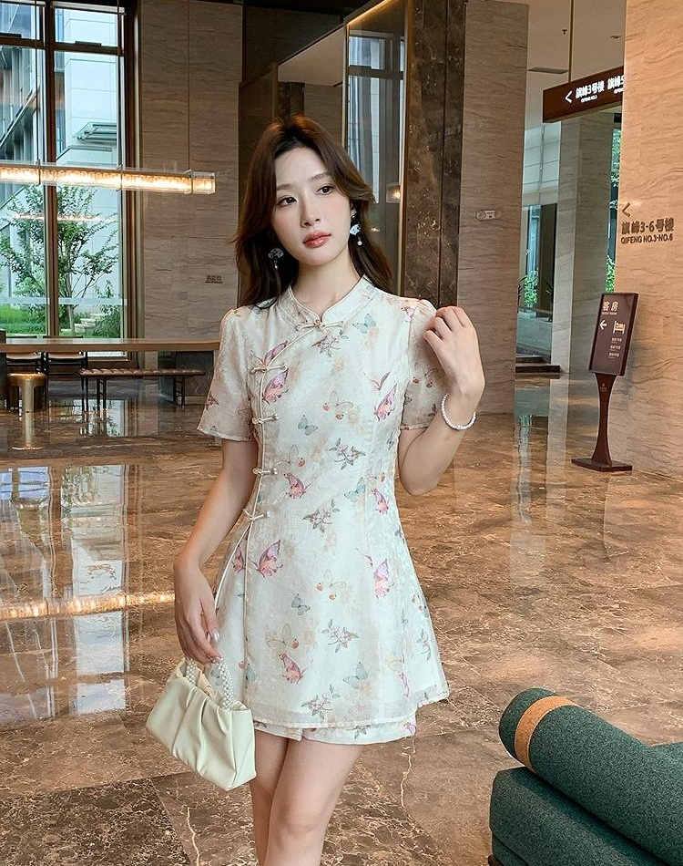 Summer large yard shorts butterfly cheongsam 2pcs set