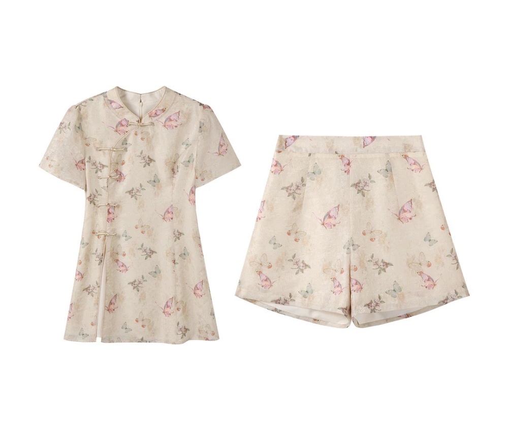 Summer large yard shorts butterfly cheongsam 2pcs set
