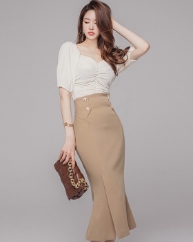 Puff sleeve package hip skirt high waist tops 2pcs set