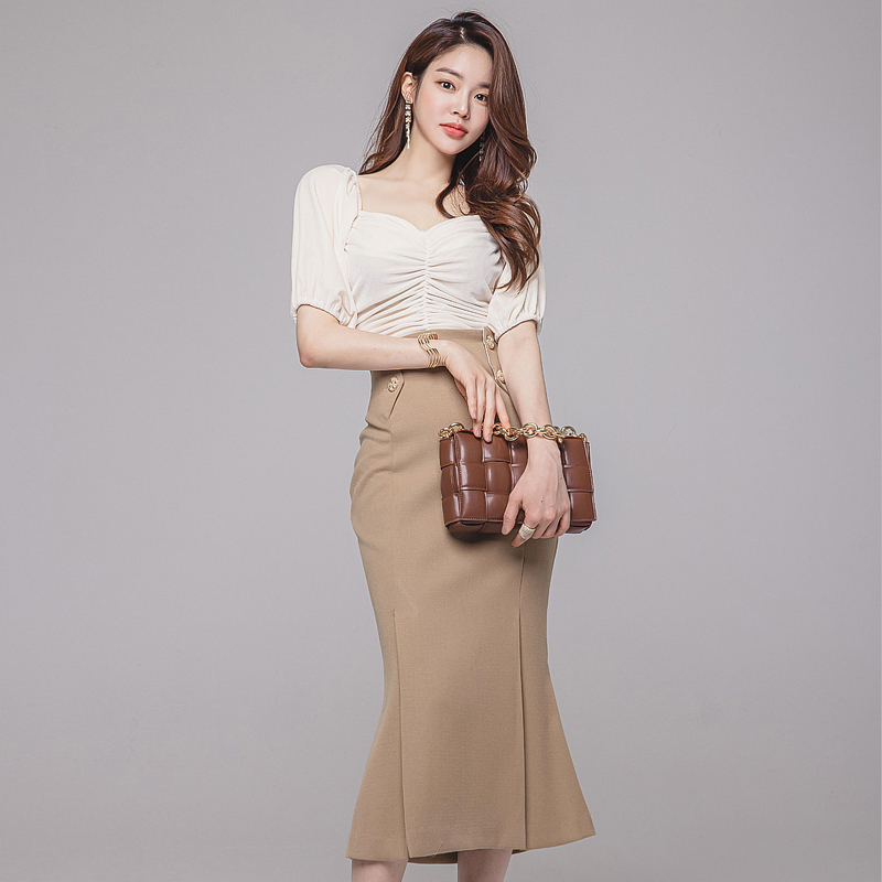 Puff sleeve package hip skirt high waist tops 2pcs set