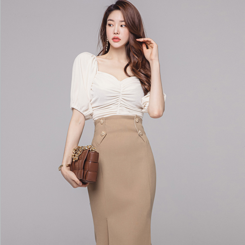 Puff sleeve package hip skirt high waist tops 2pcs set