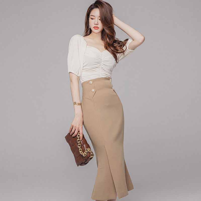 Puff sleeve package hip skirt high waist tops 2pcs set
