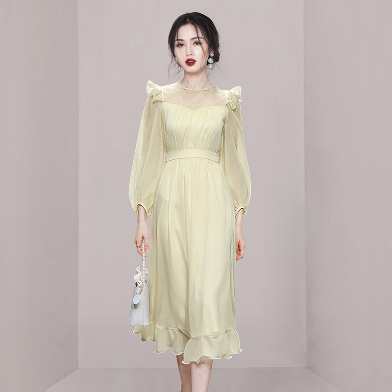 Chiffon dress lotus leaf edges long dress for women