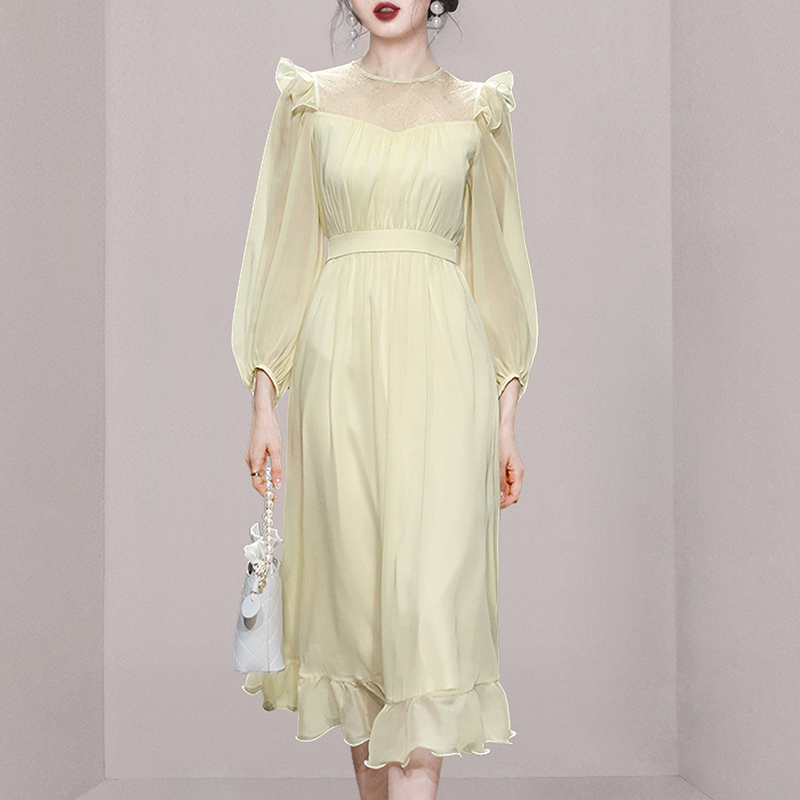 Chiffon dress lotus leaf edges long dress for women