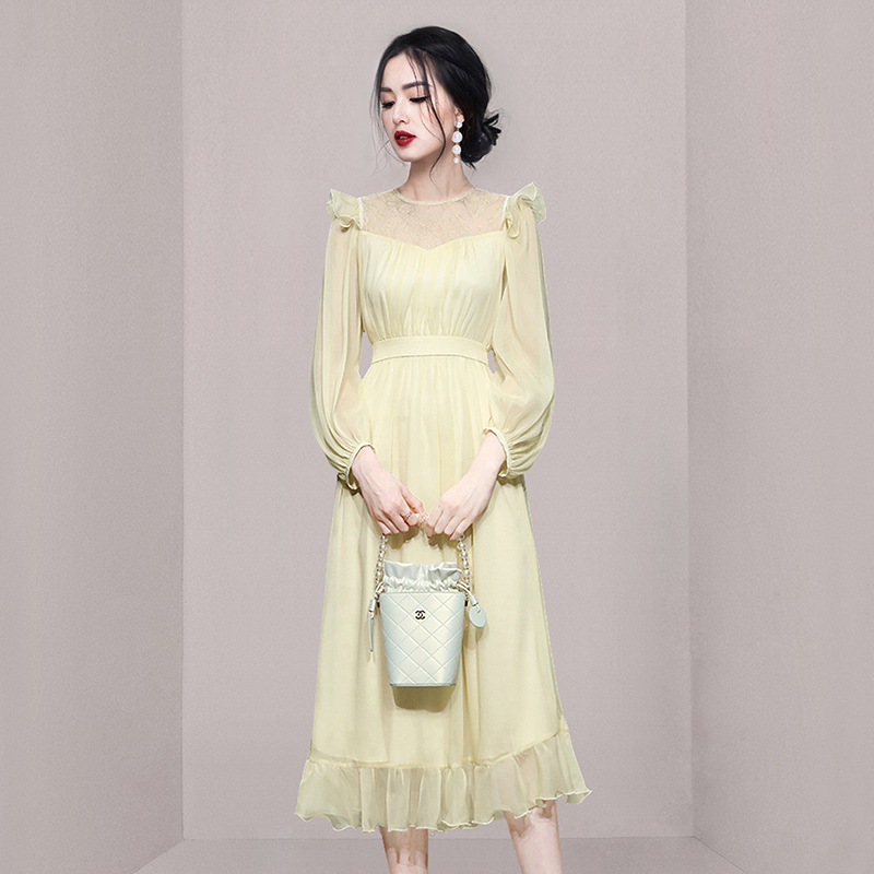 Chiffon dress lotus leaf edges long dress for women
