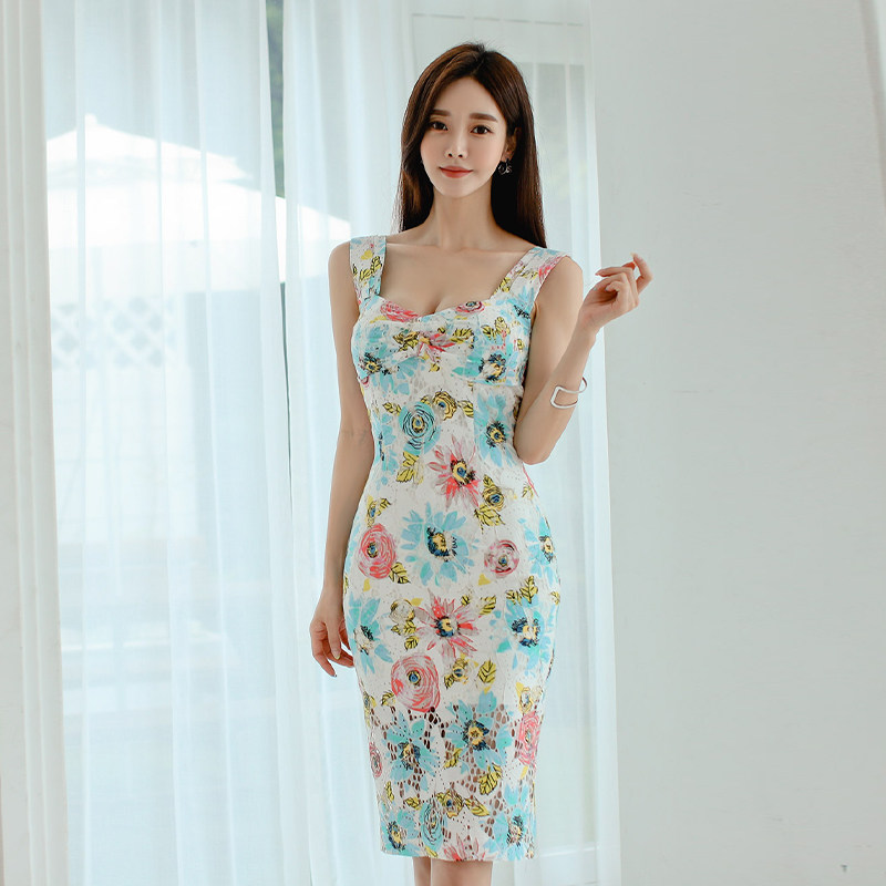 Long package hip printing summer lace dress for women