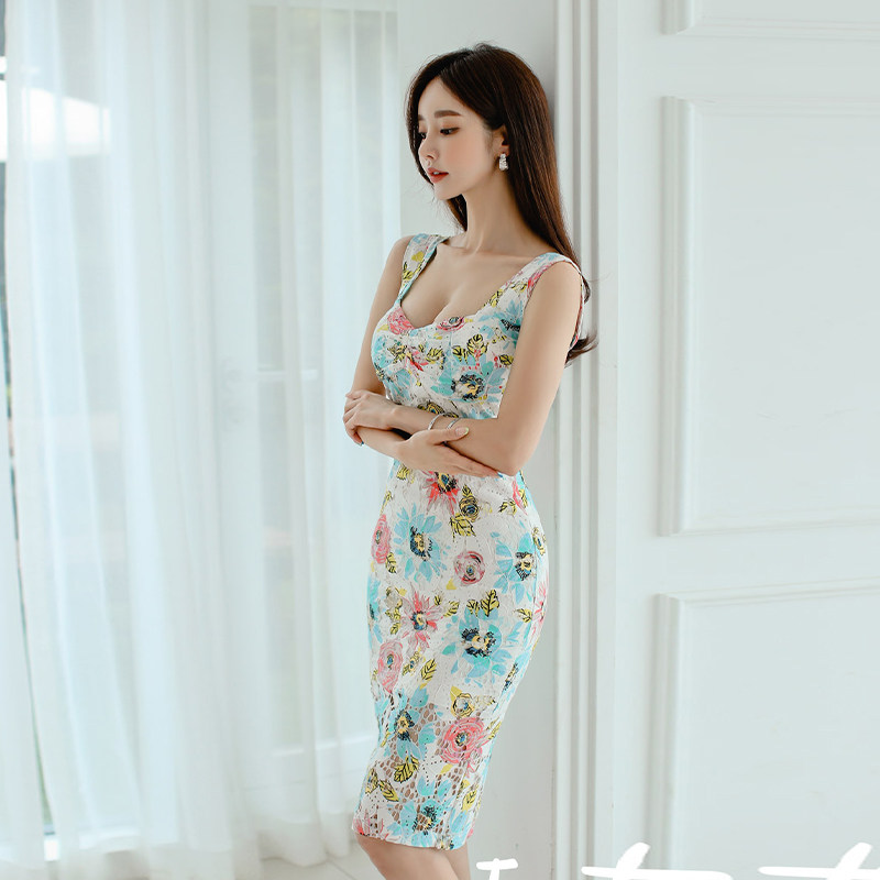 Long package hip printing summer lace dress for women