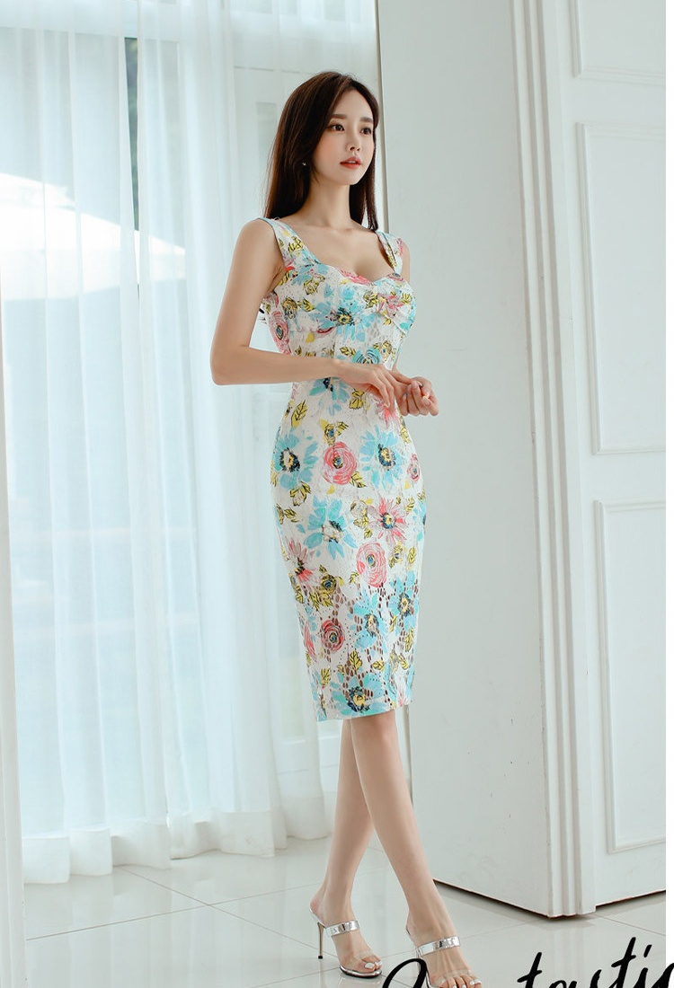 Long package hip printing summer lace dress for women