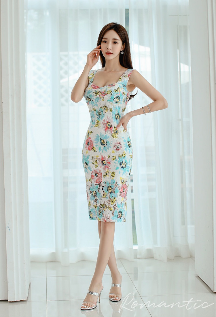 Long package hip printing summer lace dress for women
