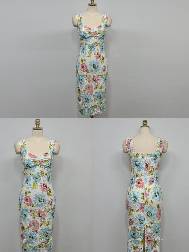 Long package hip printing summer lace dress for women