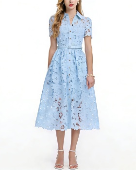 Slim pinched waist lace short sleeve hollow dress