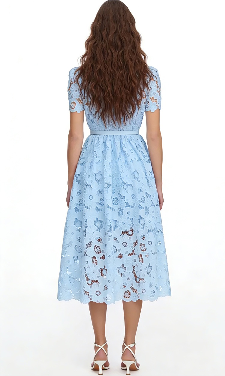 Slim pinched waist lace short sleeve hollow dress