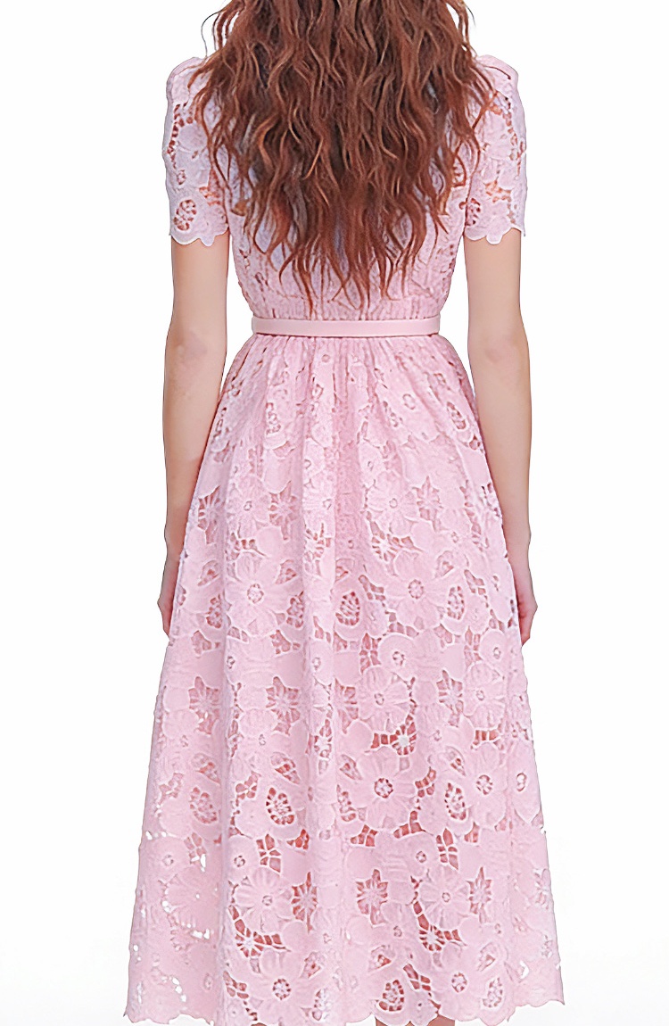 Slim pinched waist lace short sleeve hollow dress