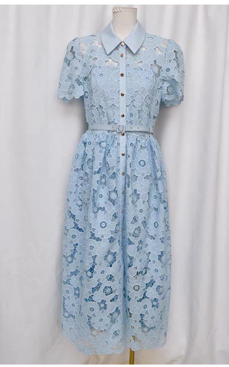Slim pinched waist lace short sleeve hollow dress