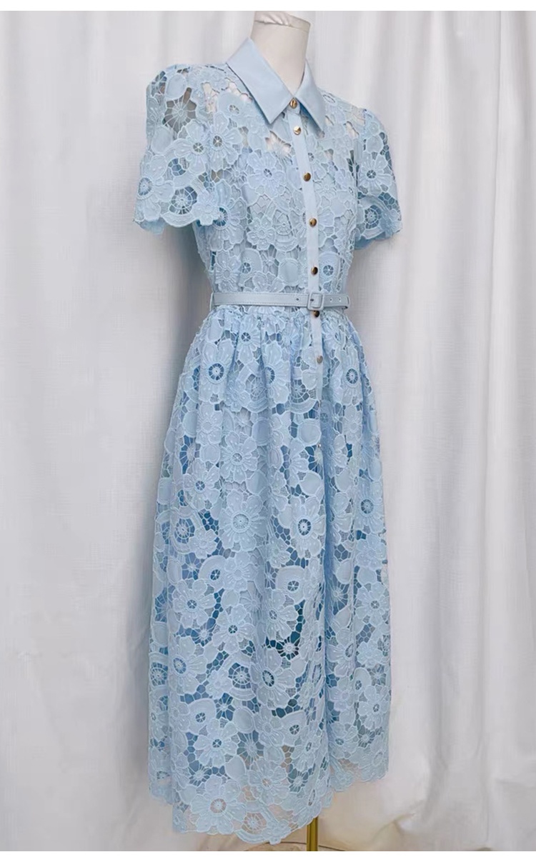 Slim pinched waist lace short sleeve hollow dress