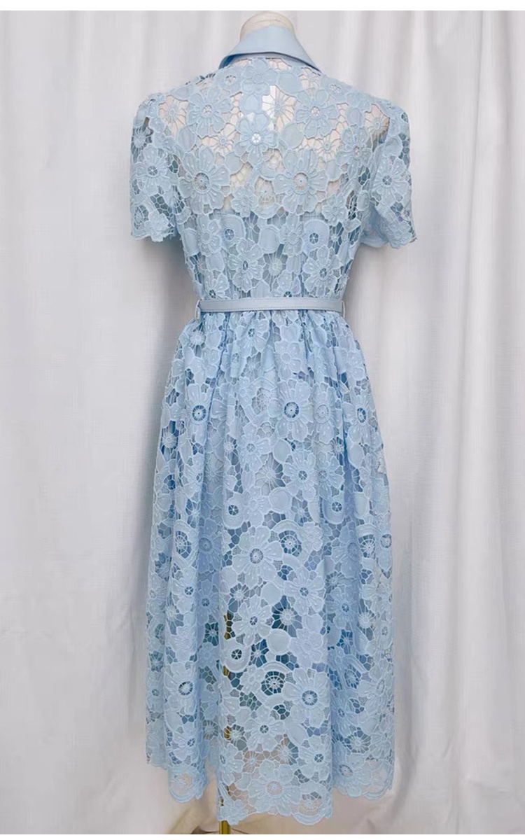 Slim pinched waist lace short sleeve hollow dress