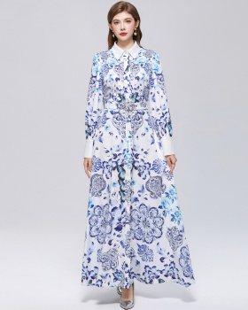 Printing Western style formal dress puff sleeve temperament dress