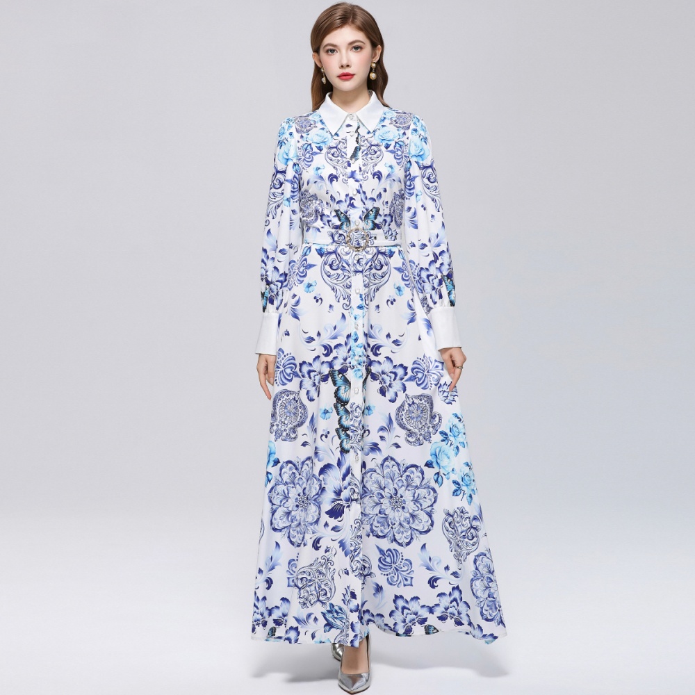 Printing Western style formal dress puff sleeve temperament dress