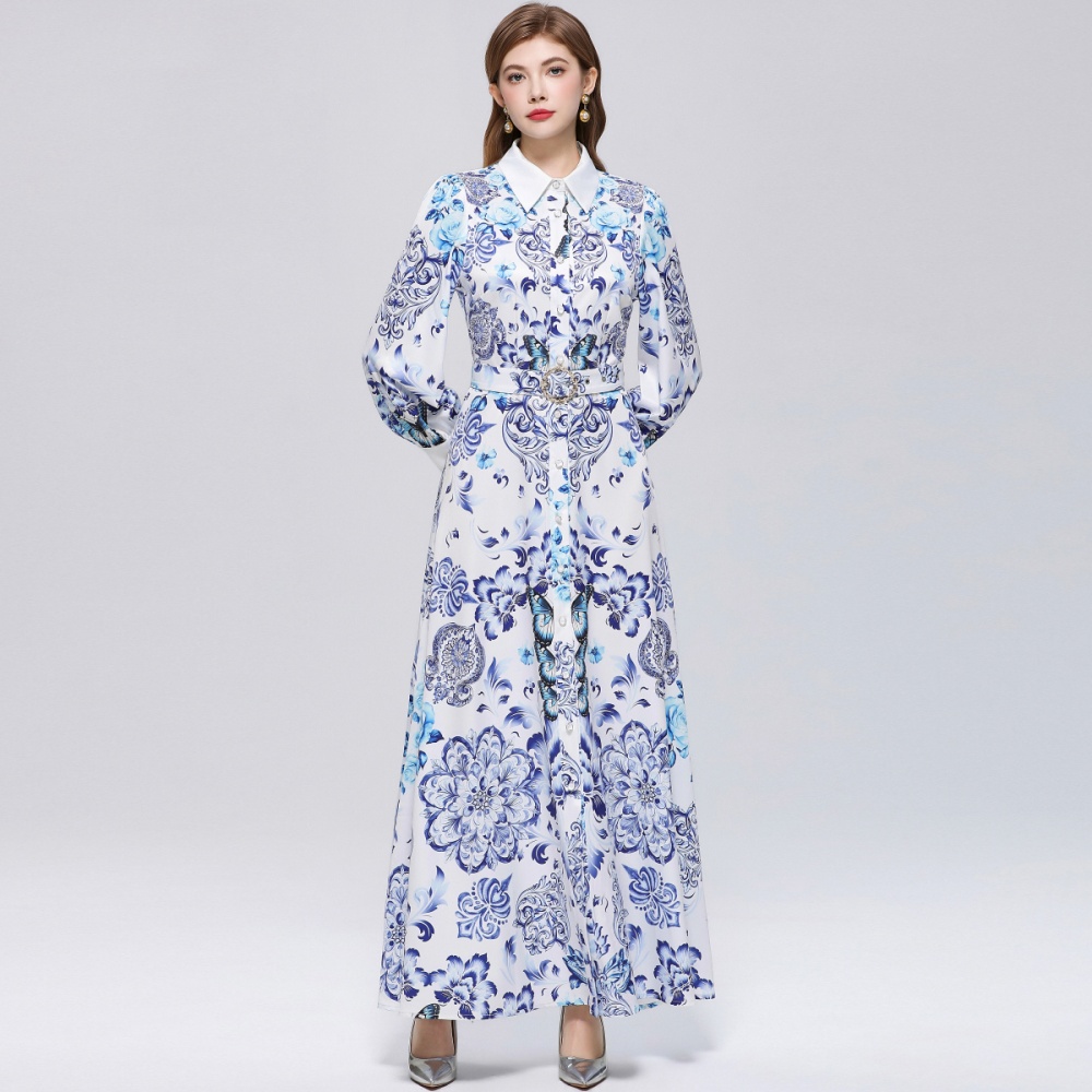 Printing Western style formal dress puff sleeve temperament dress