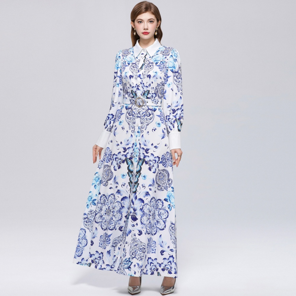 Printing Western style formal dress puff sleeve temperament dress