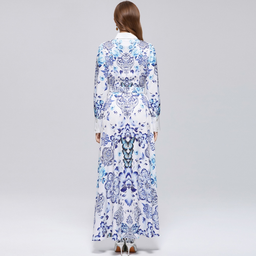 Printing Western style formal dress puff sleeve temperament dress