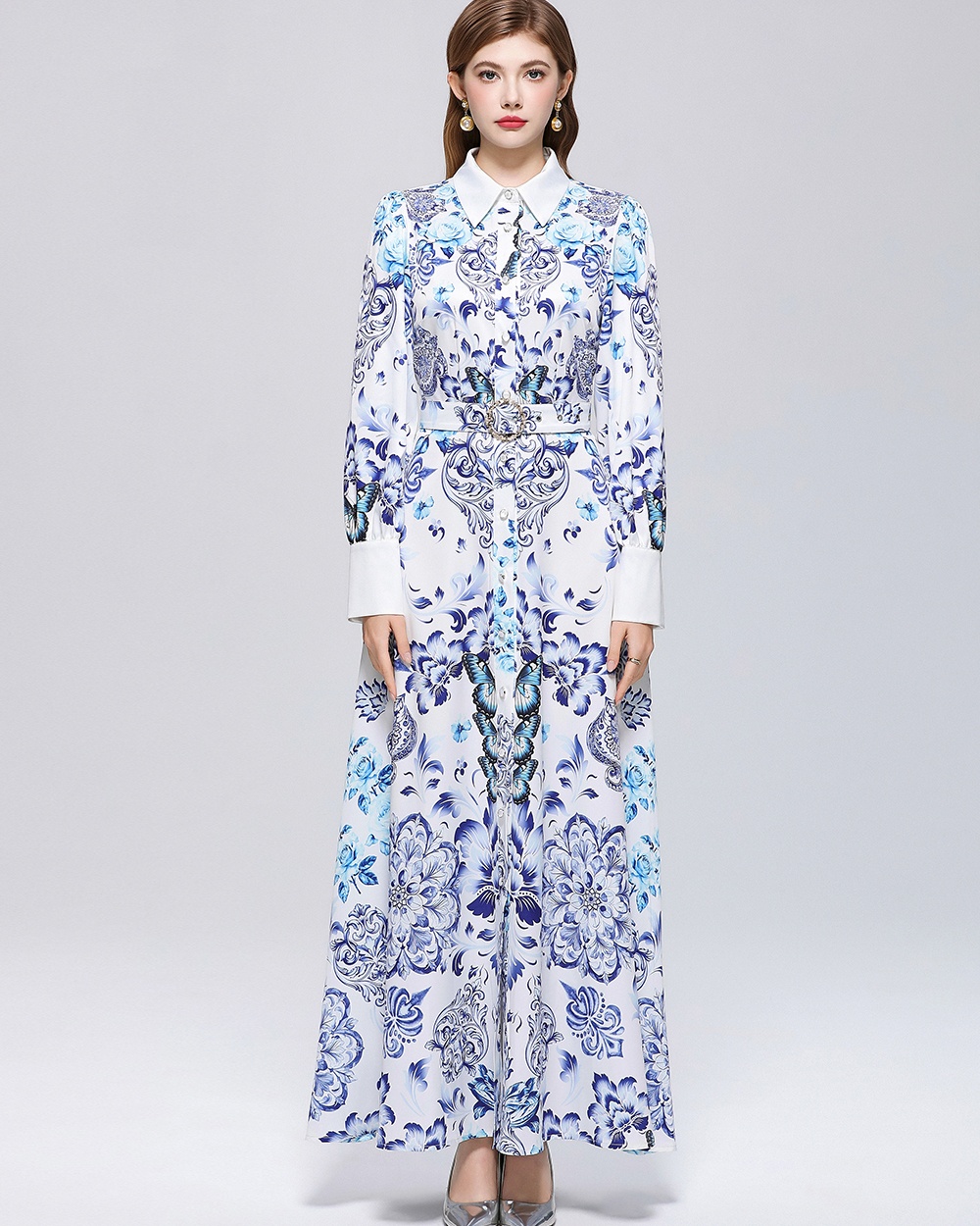 Printing Western style formal dress puff sleeve temperament dress