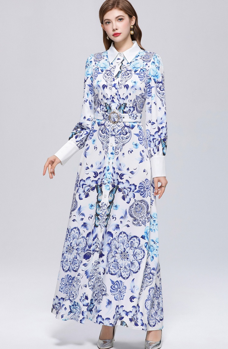 Printing Western style formal dress puff sleeve temperament dress