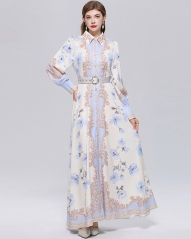 Retro France style formal dress puff sleeve printing dress