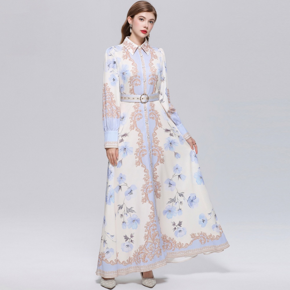 Retro France style formal dress puff sleeve printing dress