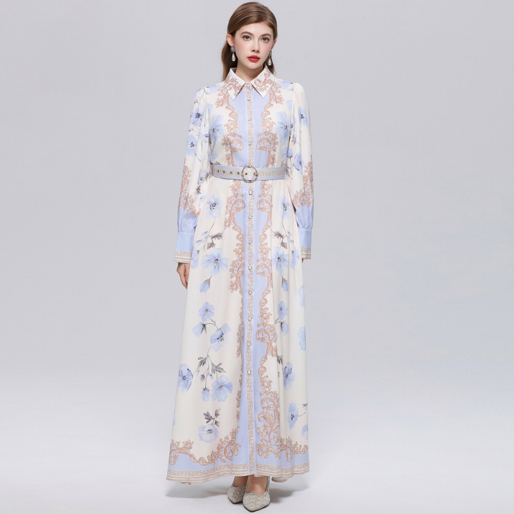 Retro France style formal dress puff sleeve printing dress