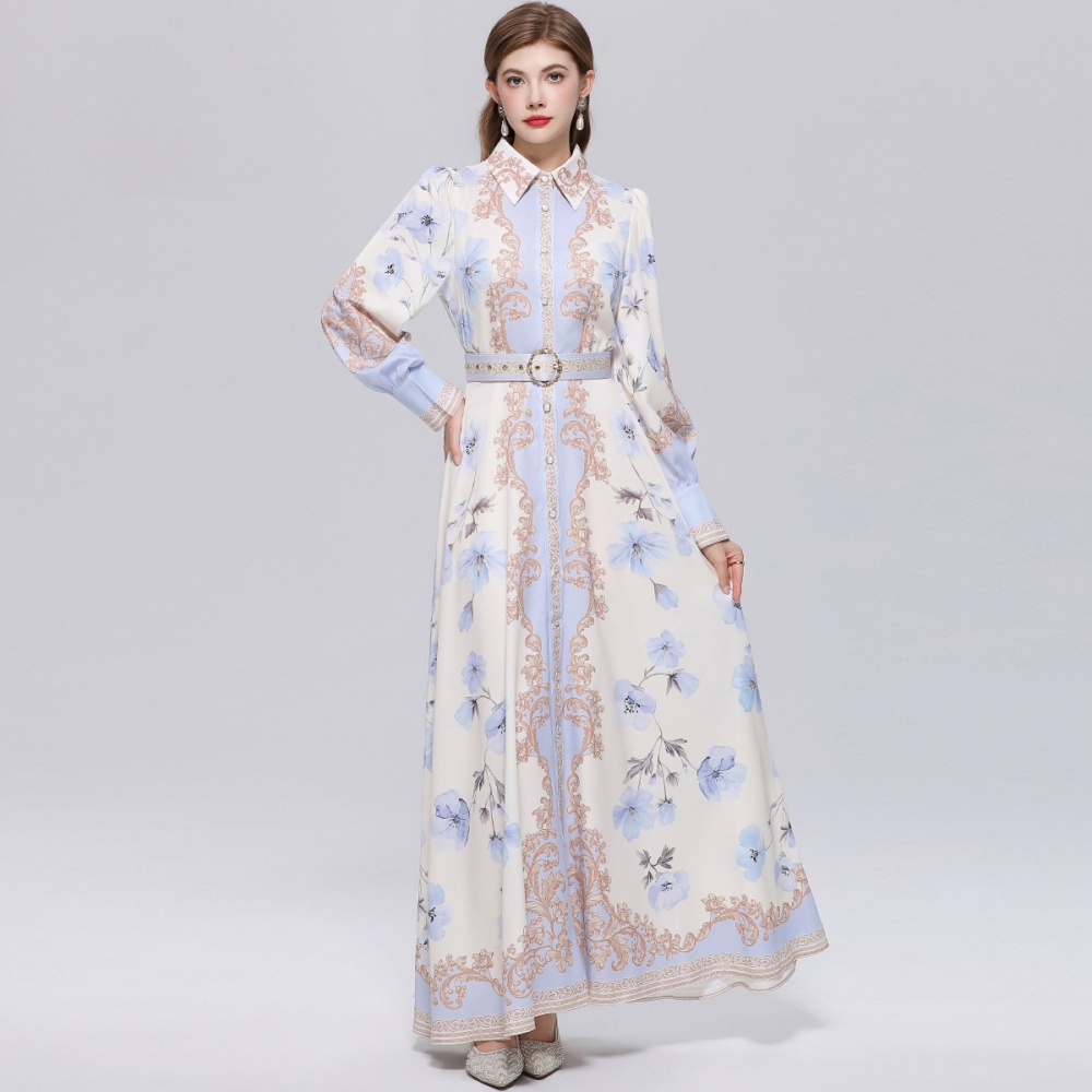Retro France style formal dress puff sleeve printing dress