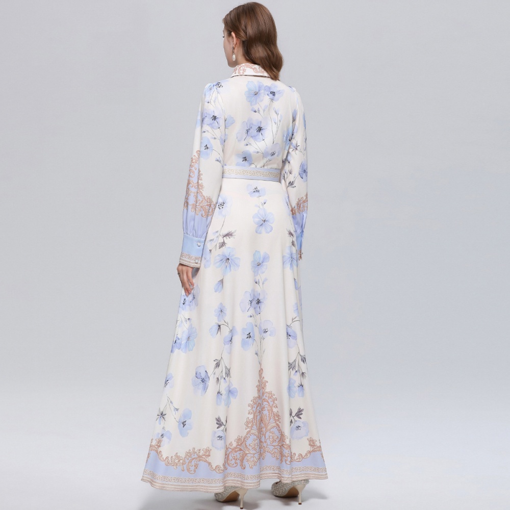 Retro France style formal dress puff sleeve printing dress