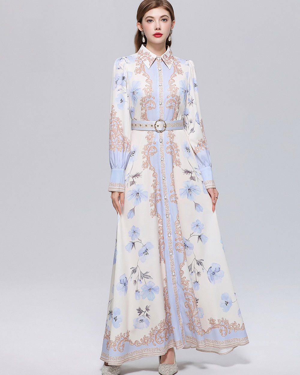 Retro France style formal dress puff sleeve printing dress