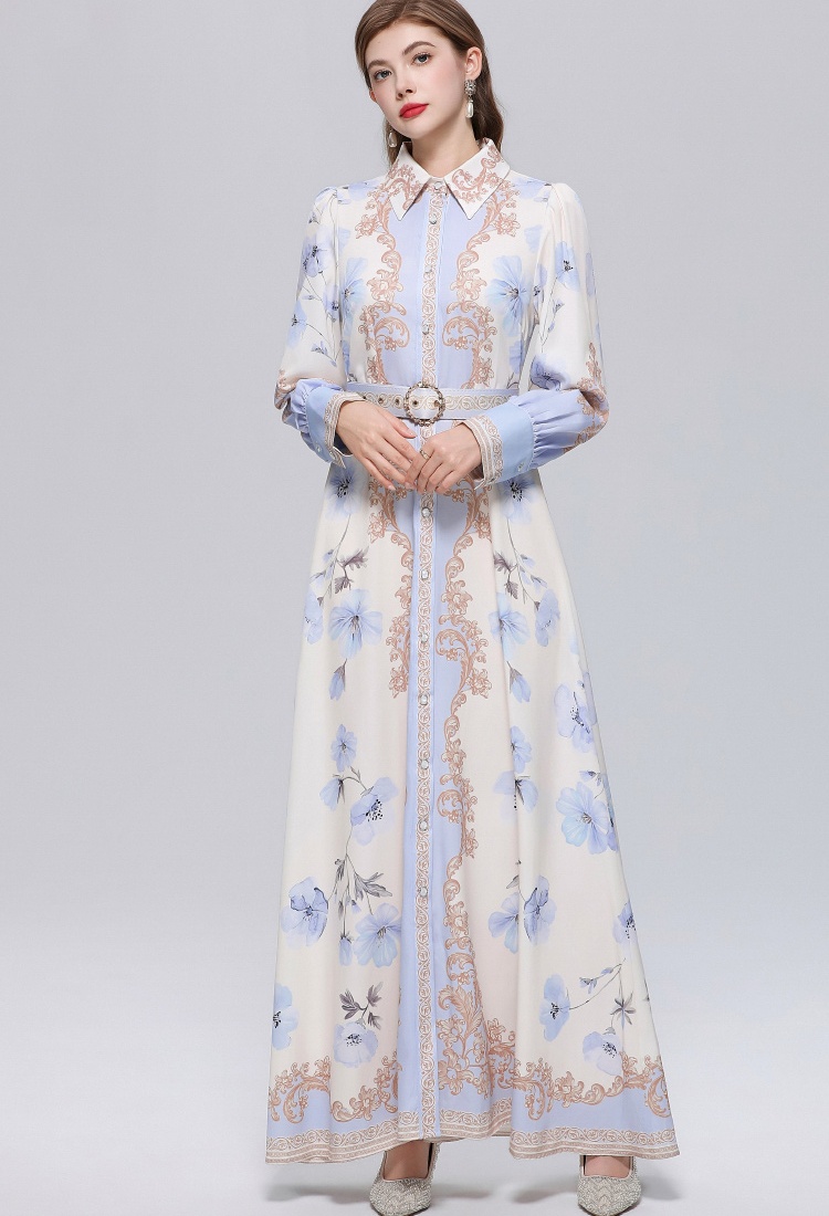 Retro France style formal dress puff sleeve printing dress