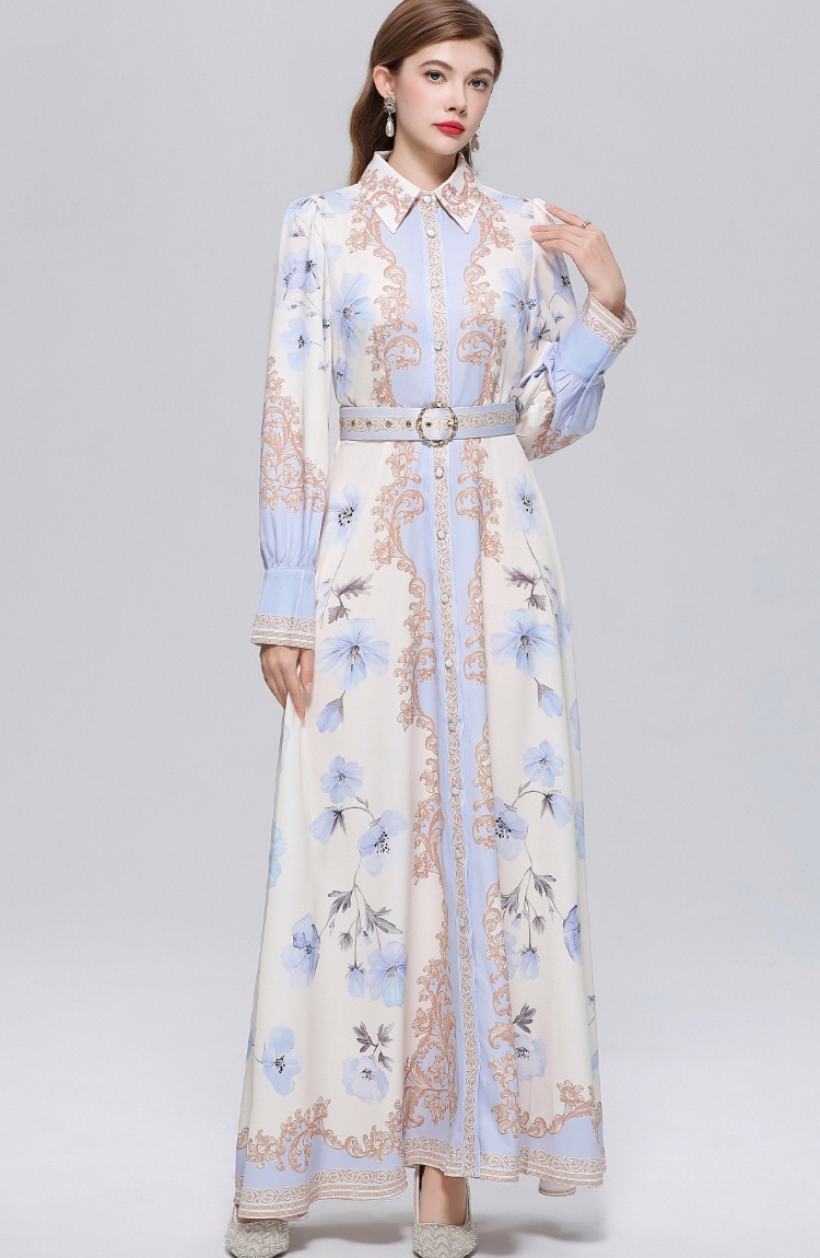 Retro France style formal dress puff sleeve printing dress