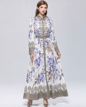 Slim breasted retro dress printing puff sleeve formal dress