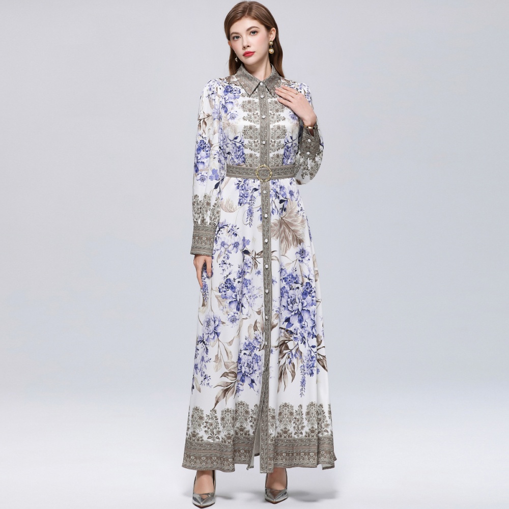 Slim breasted retro dress printing puff sleeve formal dress
