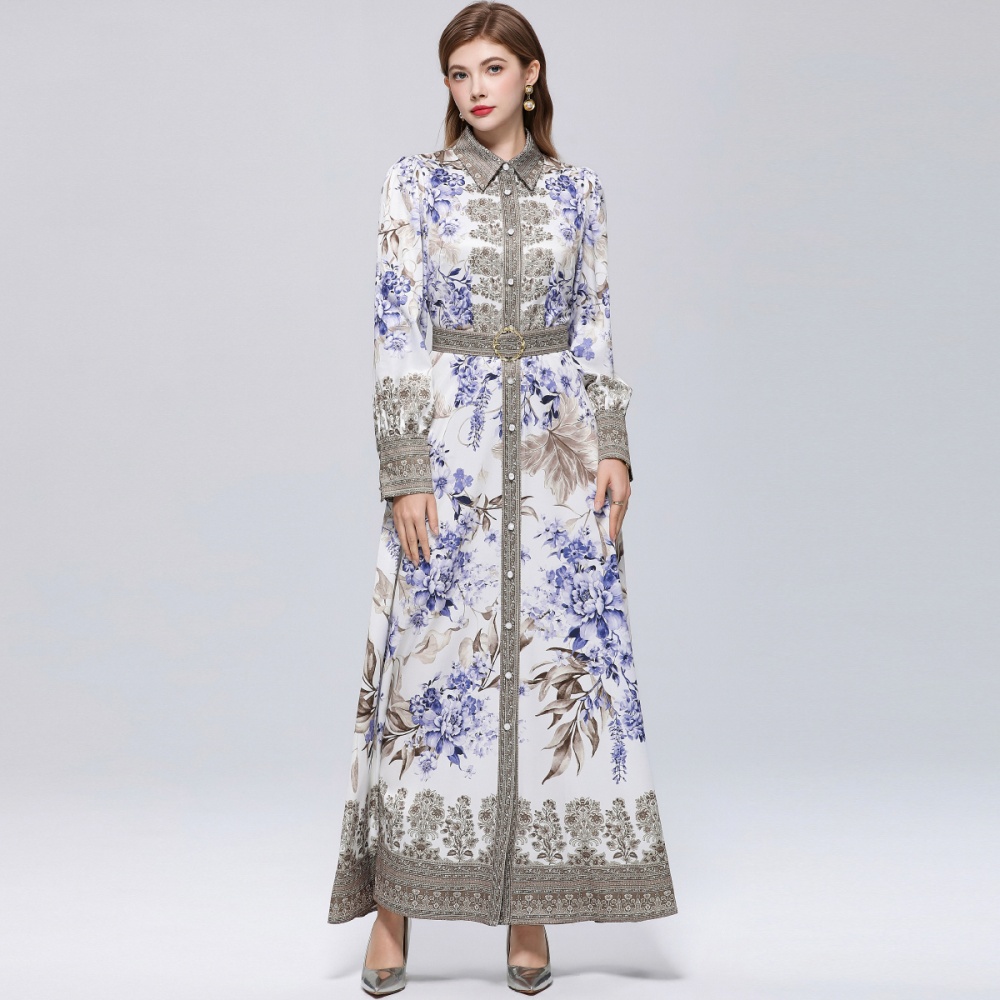 Slim breasted retro dress printing puff sleeve formal dress